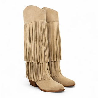 Stivale texano Indiana in camoscio beige con frange Viviana Vi VV26304